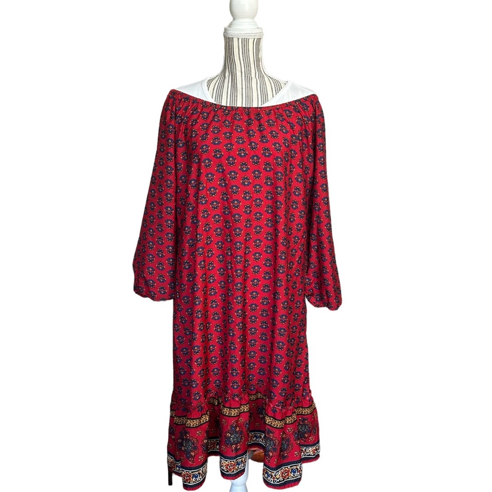 Off Shoulder Red Blue Boho Ruffle Maxi Dress Size Large